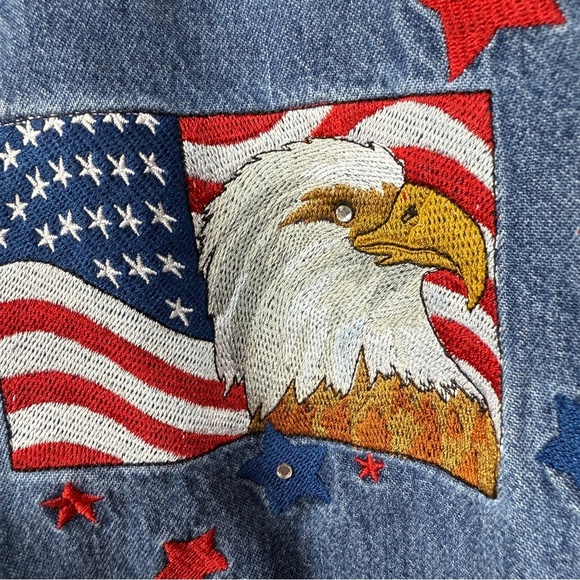 Vintage denim Blue Button Down Shirt long sleeve embroidered red white blue - Picture 3 of 9